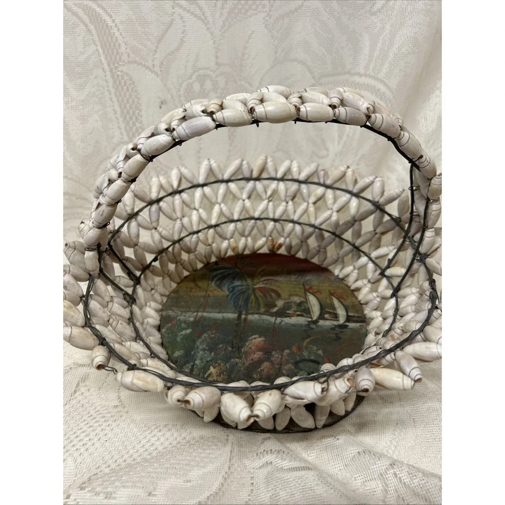 Vintage Antique Snail Shell Basket Souvenir Tijuana Mexico  Hand‎ Painted Metal